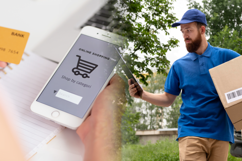 Manos de una persona comprando en linea y el encargado de la logística de última milla entregando el paquete